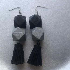Black Silver Wood Tassel Earrings